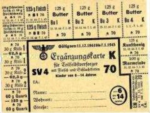 Lebensmittelkarte für Teilselbstversorger mit Marken für Fleisch, Käse, Butter, Marmelade und Quark