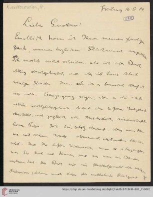 Nachlass Gustav Radbruch. Korrespondenz Hermann Kantorowicz/Gustav Radbruch: Brief von Hermann Kantorowicz an Gustav Radbruch