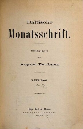 Baltische Monatsschrift. 1879 = Bd. 26