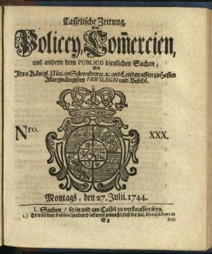 Nro. XXX, Montags, den 27. Julii 1744