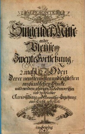 SPERONTES Singende Muse an der Pleisse in 2. mahl 50 Oden Derer neuesten und besten musicalischen Stücke, mit denen darzu gehörigen Melodien zu beliebter Clavier-Übung und Gemüths-Ergötzung. [3]. 2. Forts. - 1743. - 32 Bl.