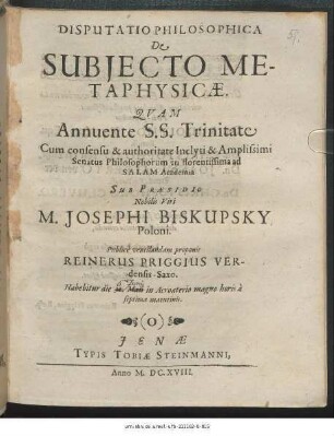 Disputatio Philosophica De Subiecto Metaphysicae