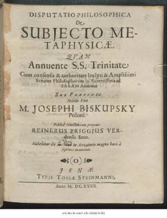 Disputatio Philosophica De Subiecto Metaphysicae
