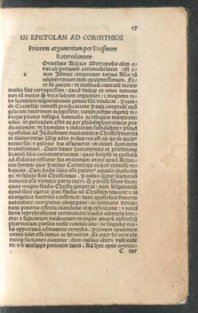 In Epistolam Ad Corinthios Priorem argumentum per Erasmum Roterodamum.