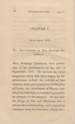 Chapter V. Anno dom. 1701. The administration of Don Domingo Zabalburu