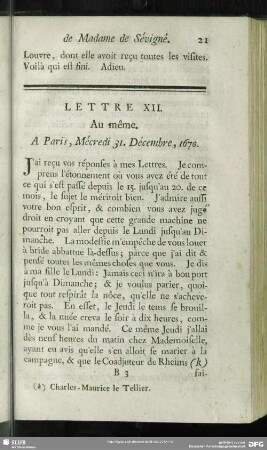Lettre XII. Au même. A Paris, Mécredi 31. Décembre, 1670