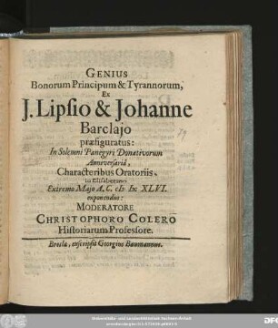 Genius Bonorum Principum & Tyrannorum, Ex J. Lipsio & Johannes Barclaio praefiguratus