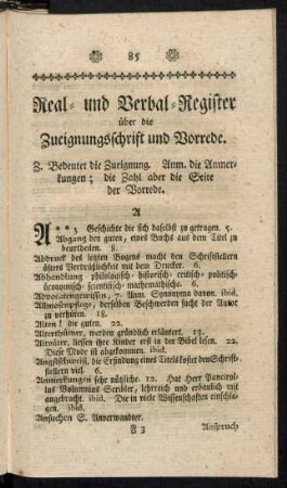 Real- und Verbal-Register über die Zueignungsschrift und Vorrede.