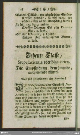 Zehente Classe, Stupefacientia oder Narcotica, Die Empfindung benehmende, einschläfernde Mittel
