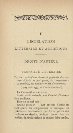 II. Législation littéraire et artistique