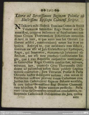 Literae ad Serenissimam Reginam Poloniae ab Illustrissimo Episcopo Culmensi scriptae