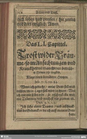 Das LI. Capittel. Trost wider Träume, so in Anfechtungen und Kranckheiten manchmal betrübte Hertzen sehr ängstigen