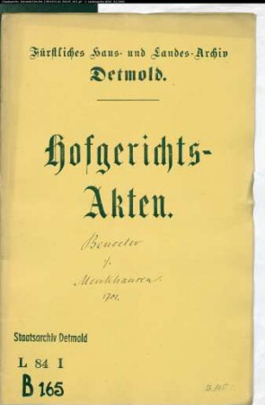 Benseler (Benzler), Lorenz, Camerarius gegen Christian Menkhausen (Gröne) zu Obernhausen