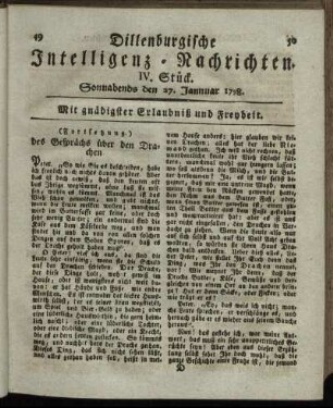 IV. Stück. Sonnabends den 27. Jannuar 1798.