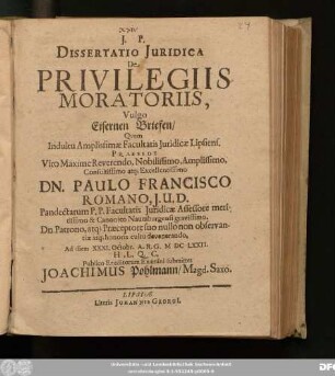 Dissertatio Iuridica De Privilegiis Moratoriis, Vulgo Eisernen Briefen