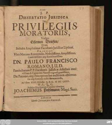 Dissertatio Iuridica De Privilegiis Moratoriis, Vulgo Eisernen Briefen