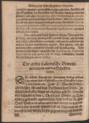 Der ander Calvinische Beweis/ genommen aus den Schrifften Lutheri.