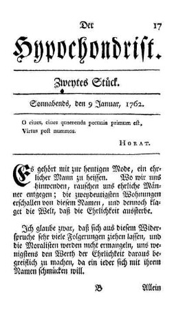 Zweytes Stück. Sonnabends, den 9 Januar, 1762.