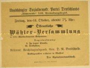 Handzettel der USPD Lichtenrade mit Einladung zur öffentlichen Wählerversammlung im Waldrestaurant Bohrmann und Rede von Rudolf Breitscheid