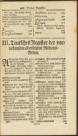 III. Teutsches Register der vornehmsten übersetzten Redensarten.