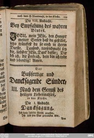 Die VIII. Andacht. Bey Empfahung des wahren Blutes.