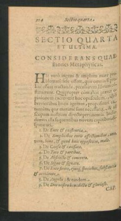 Sectio Quarta Et Ultima. Considerans Quaestiones Metaphysices.