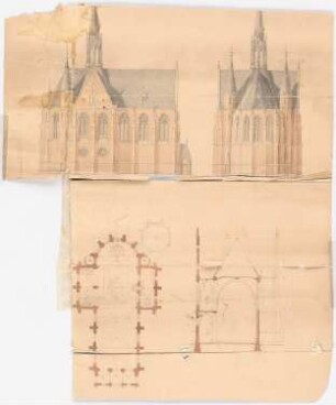 Unzugeordnete Sakralbauten: Ansichten, Grundriss und Schnitt einer Kirche