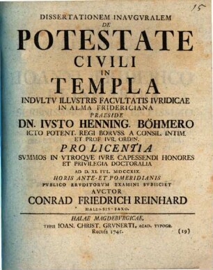 Dissertationem Inavgvralem De Potestate Civili In Templa