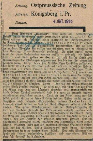 Kritik aus Ostpreussische Zeitung (04.10.1916).