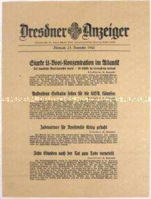 Nachrichtenblatt "Dresdner Anzeiger" u.a. zum Unterseebootkrieg im Atlantischen Ozean