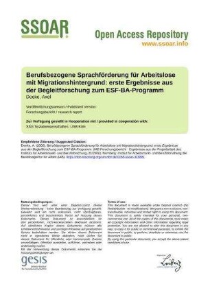 Berufsbezogene Sprachförderung für Arbeitslose mit Migrationshintergrund: erste Ergebnisse aus der Begleitforschung zum ESF-BA-Programm