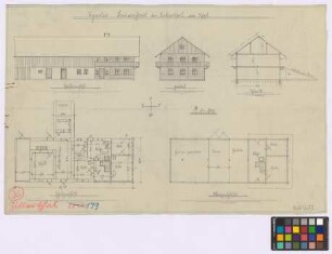Zillerthal[-Erdmannsdorf] ([Landkreis Hirschberg]): Tiroler Bauernhaus. Haupthaus (Seiten-Ansicht, Giebel-Ansicht, Querschnitt, Grundriss des Erdgeschosses, Grundriss des Obergeschosses)