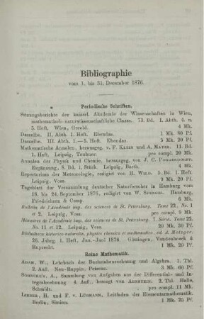 Bibliographie vom 1. bis 31. December 1876.
