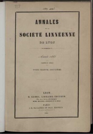 32: Annales de la Société Linnéenne de Lyon et des Société Botanique de Lyon, Société d'Anthropologie et de Biologie de Lyon réunies