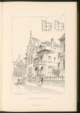 Zweifamilienhaus, Stuttgart: Grundrisse und Ansicht (aus: Stadt- und Landhäuser, hrsg. von Ernst Wasmuth, Berlin 1894)