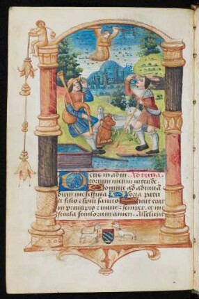Zierseite: Architekturrahmen mit Miniatur (Verkündigung an die Hirten), Goldfiligraninitiale D und Wappenschild (Alt-Burgund?)