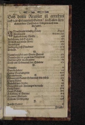 Das dritte Register ist gerichtet auff das Erkenntniß Gottes/ nach allen Artickeln unserer Christlichen Religion/ nach dem Alphabet.