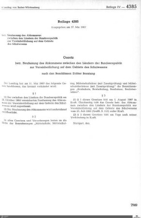 Gesetz zur Neufassung des Abkommens zur Vereinheitlichung des Schulwesens