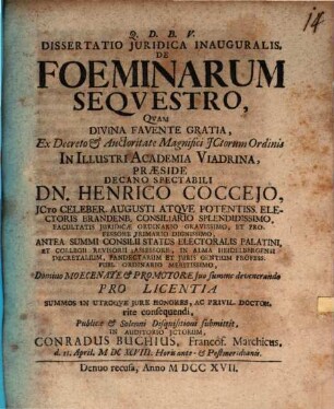 Diss. iur. inaug. de foeminarum sequestro