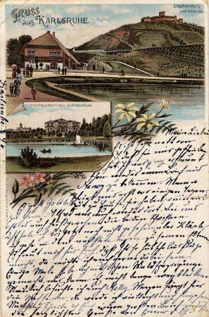 Postkartenalbum mit Motiven von Karlsruhe. "Gruß aus Karlsruhe. Stadtgarten, Lauterberg. Stadtgarten-See und Festhalle"