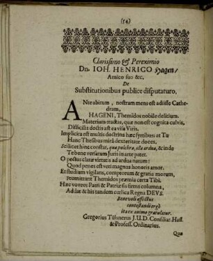 Clarissimo & Pereximio Dn. Joh. Henrico Hagen [...]
