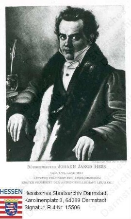 Hess, Johann Jakob (1791-1857) / Porträt, neben Tintenfass sitzend, Halbfigur, mit Bildlegende