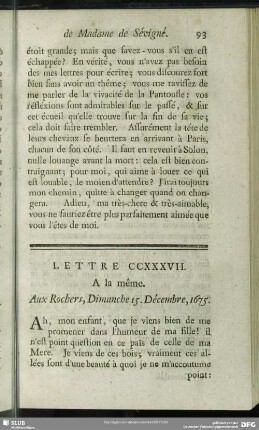 Lettre CCXXXVII. A la même. Aux Rochers, Dimanche 15. Décembre, 1675