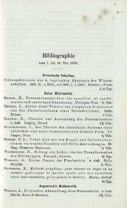Bibliographie vom 1. bis 31. Mai 1870.