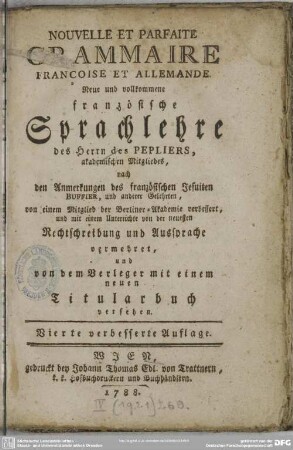 Nouvelle Et Parfaite Grammaire Françoise Et Allemande