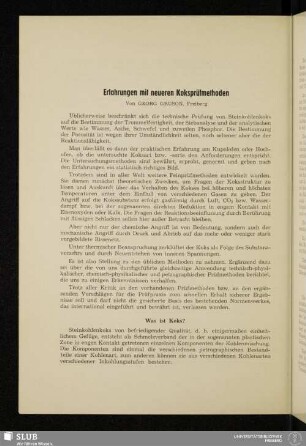 Erfahrungen mit neueren Koksprüfmethoden