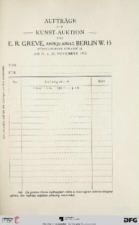 Aufträge zur Kunst-Auktion E. R. Greve