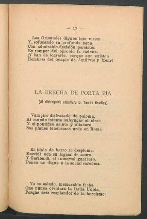 La brecha de Porta Pia : (Al distinguido caballero D. Tomás Bradley).