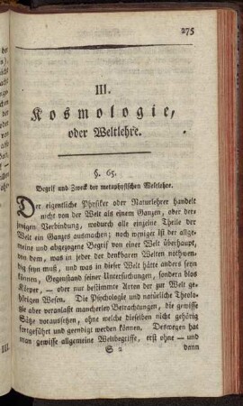 III. Kosmologie, oder Weltlehre.