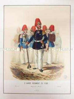 Uniformdarstellung, Hornist, Regiments-Tambour, Tambour des 2. Garde-Regiments zu Fuß, Preußen, 1864. Tafel 16 aus: Schindler: Militair-Album.